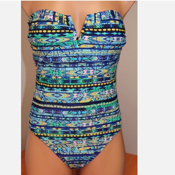 NWT Jessica Simpson Swimsuit 1 one piece Sz L Blue Razz Bandeau - Picture 1 of 5